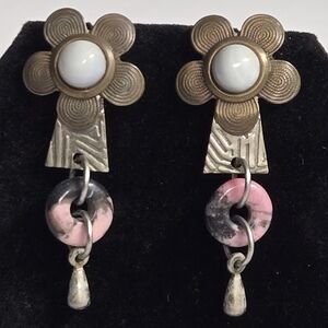 Vintage Mixed Metals Moonstone & Rhodonite Flower Dangle Earrings 1 3/4"X3/4"